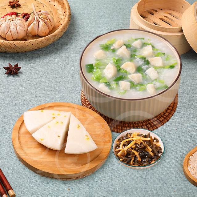 山藥青菜粥+桂花糕+海帶筍絲。_看圖王